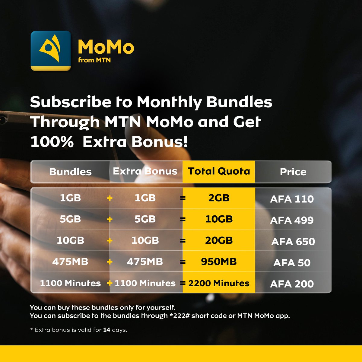 AtomaAfg's tweet photo. You can subscribe to the bundles through *222# short code or MTN MoMo app.
#MTN #MoMo #SpecialBundle #ExtraData https://t.co/fEZdHolXqA