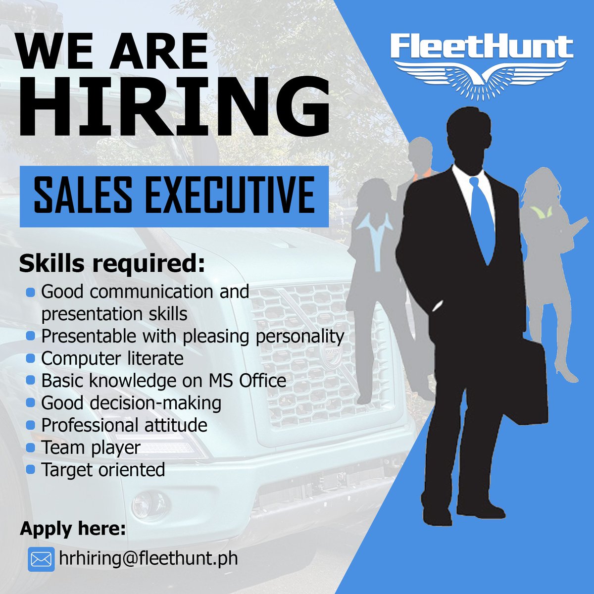 Fleethunt1's tweet photo. Location: Llano Caloocan

Send Resume to hrhiring@fleethunt.ph

Or Fill up the Form here https://t.co/04Wqo9k5yt
Read About Company - https://t.co/E5pREKUr8Y https://t.co/Q2hLcGXpUO