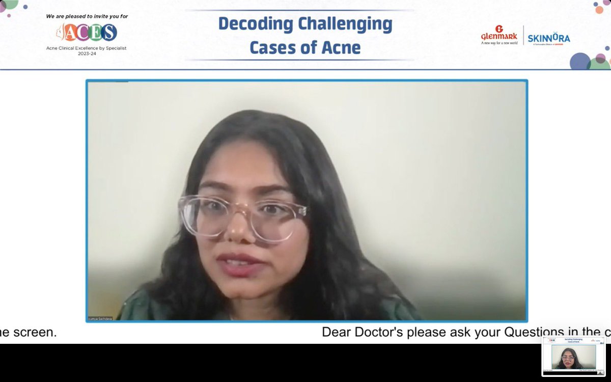 SoumyaSachdeva's tweet photo. Participated as a panellist/ Speaker in the ACES ( Acne Clinical Excellence by Specialist) webinar by Glenmark skinnora, along with Dr. Aseem Sharma Sir as moderator and Dr Hitalkumar Patel as Co panellist. 
We had 1000+ audience with a string of interactive questions https://t.co/8LMf0cxa1O