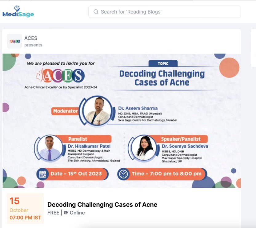 SoumyaSachdeva's tweet photo. Participated as a panellist/ Speaker in the ACES ( Acne Clinical Excellence by Specialist) webinar by Glenmark skinnora, along with Dr. Aseem Sharma Sir as moderator and Dr Hitalkumar Patel as Co panellist. 
We had 1000+ audience with a string of interactive questions https://t.co/8LMf0cxa1O