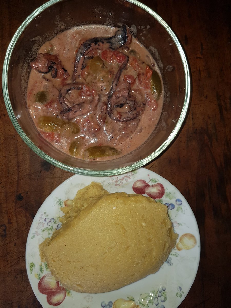 Octopus creamy sauce and cassava +yellow maize posho.

#MyFoodIsAfrican 
#WorldFoodDay2023