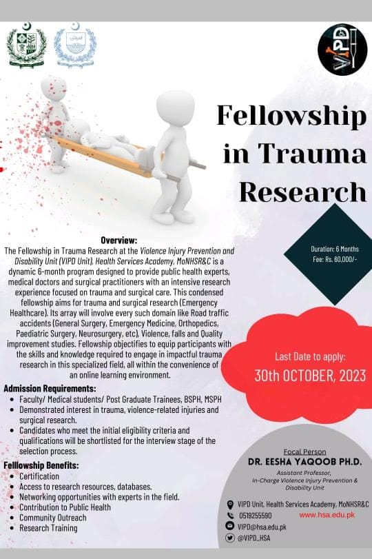 Join our 6-month online Trauma Research Fellowship at VIPD Unit HSA, MoNHSR&C🇵🇰. Unlock your potential, guided by experts, and revolutionize trauma research. Apply by Oct 30, 2023, for a dynamic online research experience. Application link in the comments 👇👇