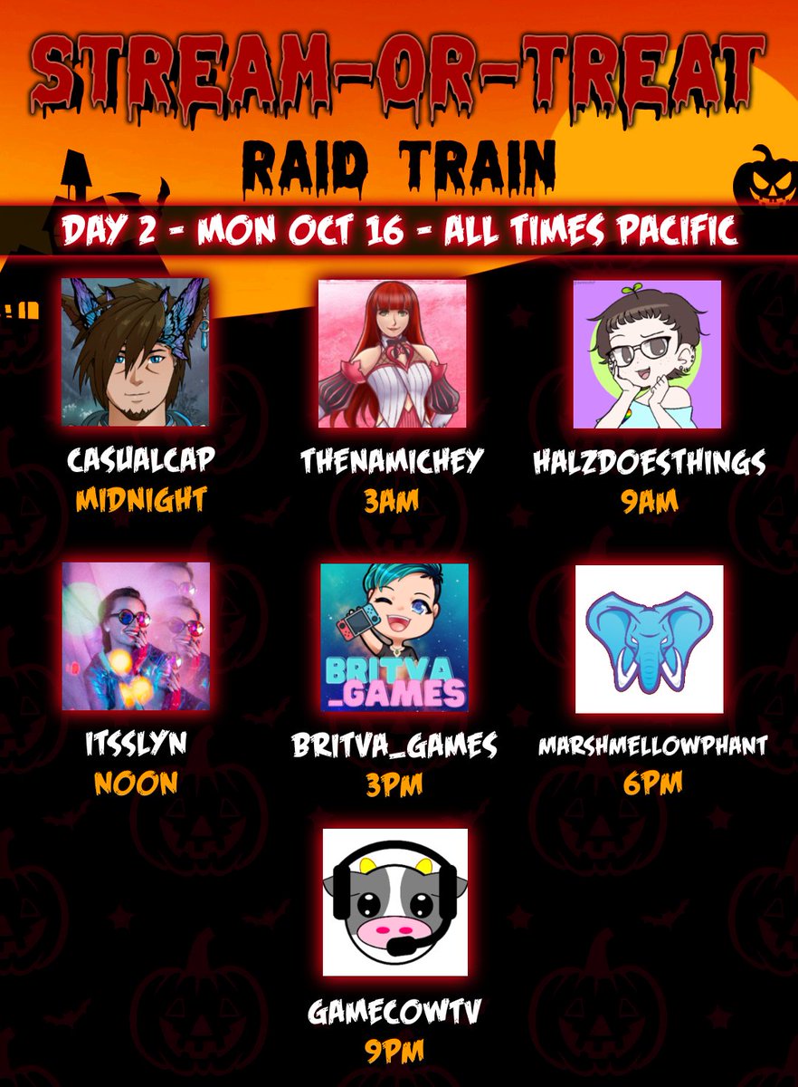 ActorPat's tweet photo. Come enjoy spooky shenanigans w/ these fine souls on Day 2 of the #StreamOrTreat Raid Train! And consider giving your blood... to the Blood Bank! Links in replies!  

DAY 2 - MON OCT 16
@casualcap
@TheNamiChey
@HalzDoesThings
@ItsSlyndicate
@britva_games
@MMellowPhant
@GameCowTV https://t.co/K8MFYOVqHd