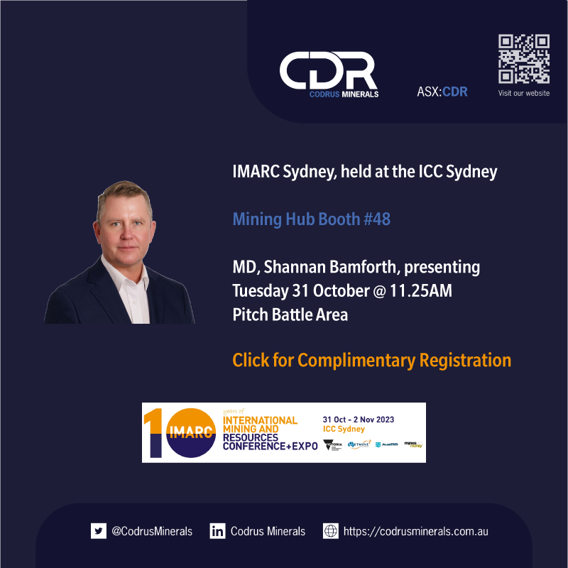 CodrusMinerals's tweet photo. We are excited to share #CDR will be attending IMARC 2023.

Click ⬇️ to secure complimentary registration 🎟️.

#IMARC #MiningHub #mining #resources #exploration #REE #Gold