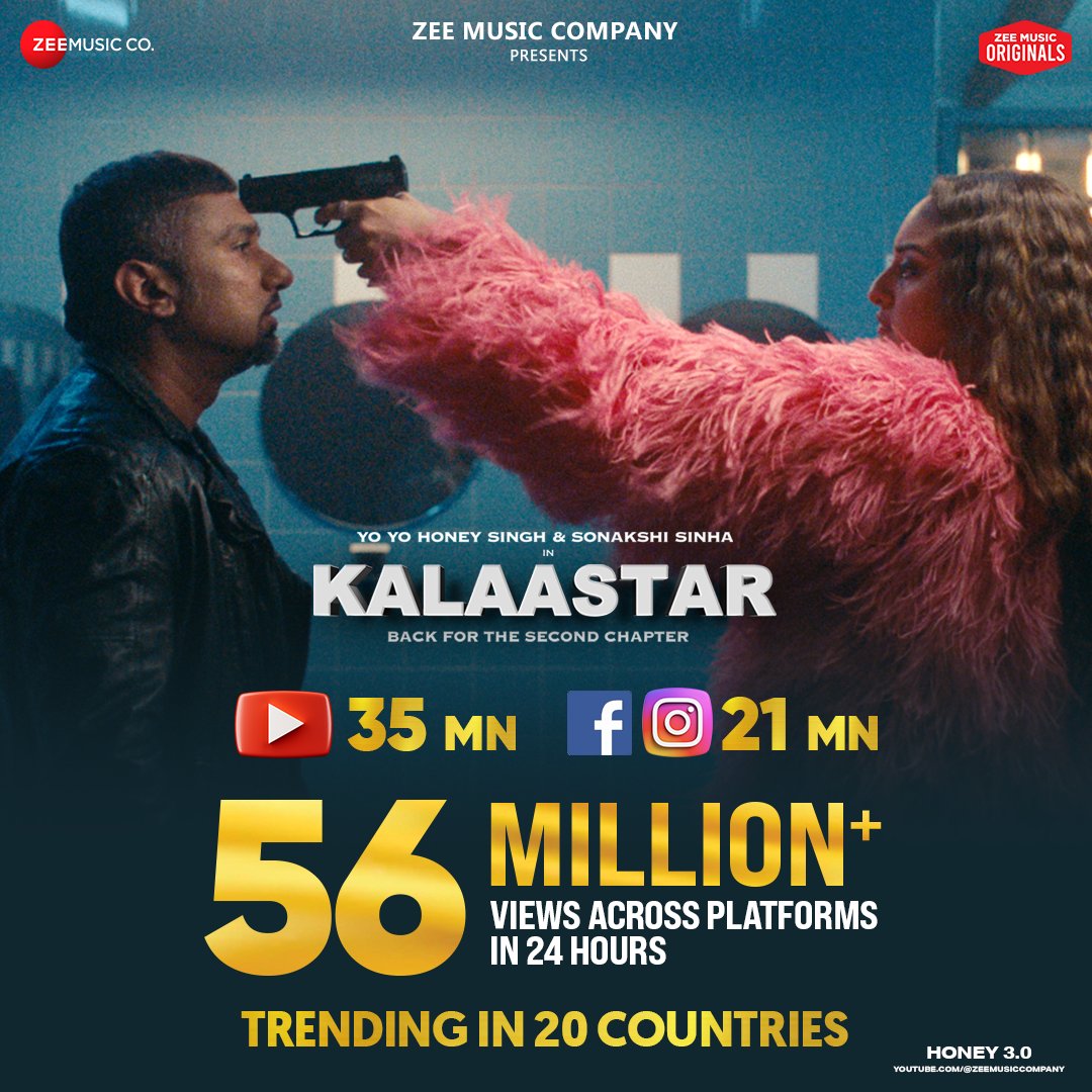 With over 56 Million views across platforms in just 24 hours,
#YoYoHoneySingh & #AsliSona’s #Kalaastar is breaking records in style, TRENDING in over 20 countries!!🔥
Join the millions of viewers who can’t stop hitting the REPEAT button to the hottest musical release 🎶