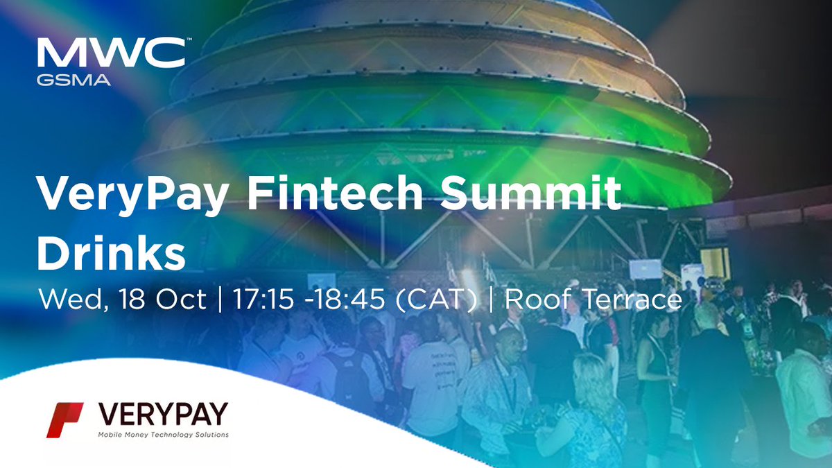 GSMAAfrica's tweet photo. Attending the FinTech Summit at MWC Kigali? Join #VeryPay on the terrace after for networking, drinks & canapes! This is a great opportunity to connect with other #fintech professionals & learn about the latest trends in the industry 🤝
Bookmark👉https://t.co/QwbfmnWFYk #MWC23 https://t.co/86Jb0bqi4A