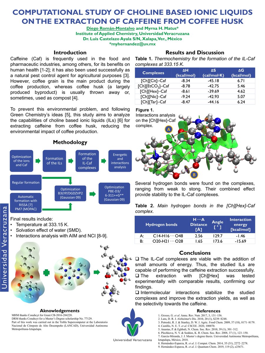 Hi <a href="/LatinXChem/">LatinXChem</a>, this is my work ‘Computational study of Choline based Ionic Liquids on the extraction of Caffeine from Coffee Husk’ at #LatinXChem23 #LatinXChemComp #Comp093

I hope you like it.

<a href="/digital_rsc/">Digital Discovery</a> <a href="/PCCP/">PCCP</a> <a href="/ChemRxiv/">ChemRxiv</a> <a href="/LufacIDT/">Lufac Computación</a> <a href="/beyondbenign/">Beyond Benign</a> <a href="/green_rsc/">Green Chemistry</a> <a href="/RSC_Sus/">RSC Sustainability</a>