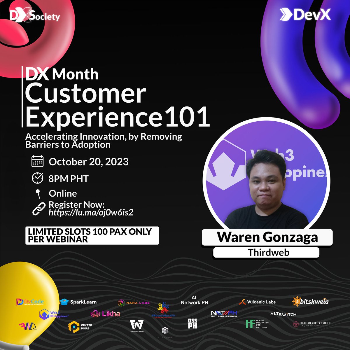Elevate your customer interactions with Customer Experience 101! 

📅 October 20, 2023, 8PM PHT
🔗 Register Now: lu.ma/oj0w6is2
🚨 LIMITED SLOTS FOR 100 PAX ONLY 

Reserve your spot today!

#DXMonth #DevX101 #vulcaniclabs