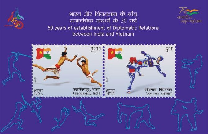 DrSJaishankar's tweet photo. Jointly unveiled along with @FMBuiThanhSon the commemorative stamps celebrating 50 years of establishment of diplomatic ties between 🇮🇳 and 🇻🇳. 

Stamps depicting Kalaripayattu and Vovinam captures our shared affinity for sports and celebrates the strong cultural, social & people-to-people links between 🇮🇳 and 🇻🇳.