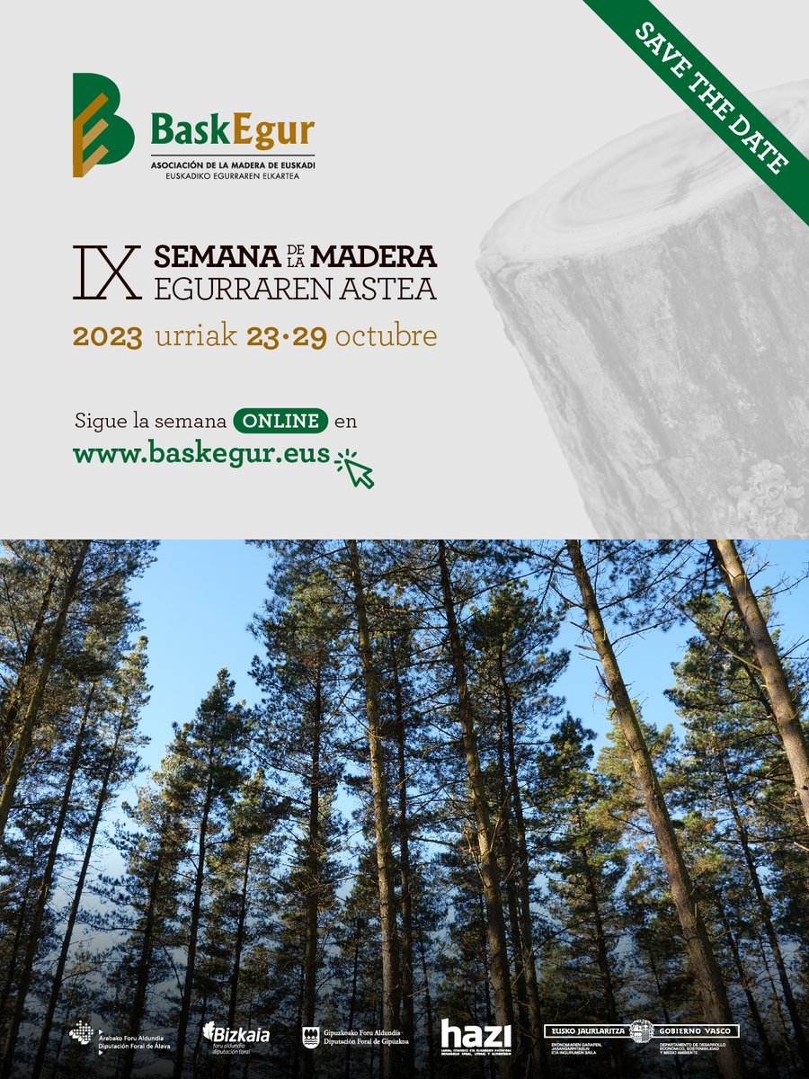 🌳 ¡Tienes una cita con la Semana de la Madera! 🕒

El objetivo de esta iniciativa de Baskegur es hacer comprender a la sociedad la importancia que la actividad del sector-forestal madera tiene para la sostenibilidad medioambiental, social y económica de Euskadi. ✅🪵