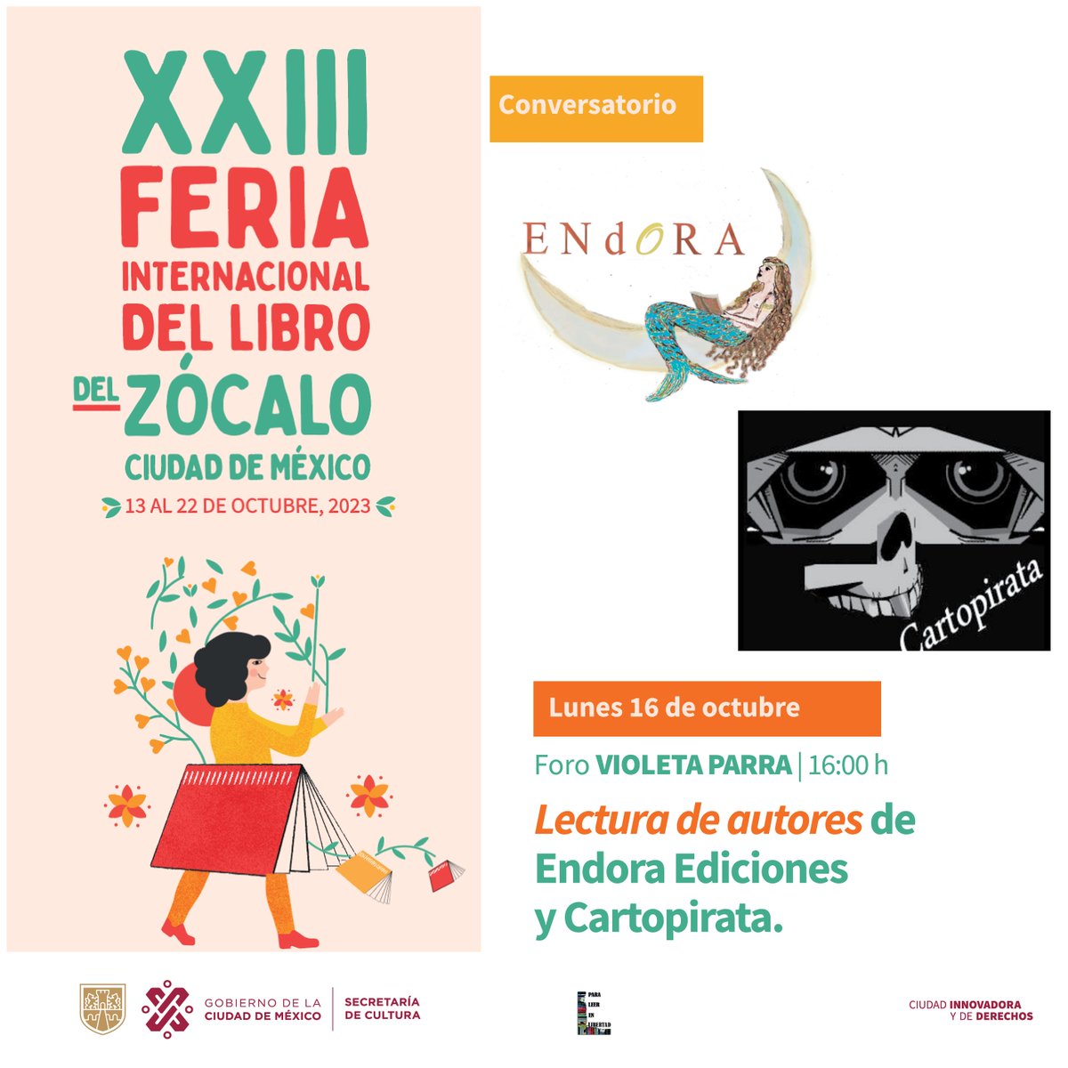 FILZocalo's tweet photo. Hoy, lunes 16 de octubre a las 16 horas, el #ForoVioletaParra será un encuentro de voces de autores de Endora Ediciones y Cartopirata, con Alejandro Meráz Moreno, Lorena Páez, Jorge Negreta Castañeda, Luis Juan López.

#EntradaLibre 

Transmisión: https://t.co/AyNdyYa5aH https://t.co/FSZGUXArIP