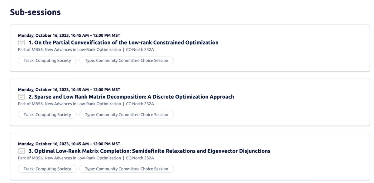 RyanCoryWright's tweet photo. Attending INFORMS 2023? 

Check out our session on "New Advances in Low-Rank Optimization" on Monday 10:45 AM – 12:00 PM in CC-North 232A https://t.co/Z6hNLlEtUv