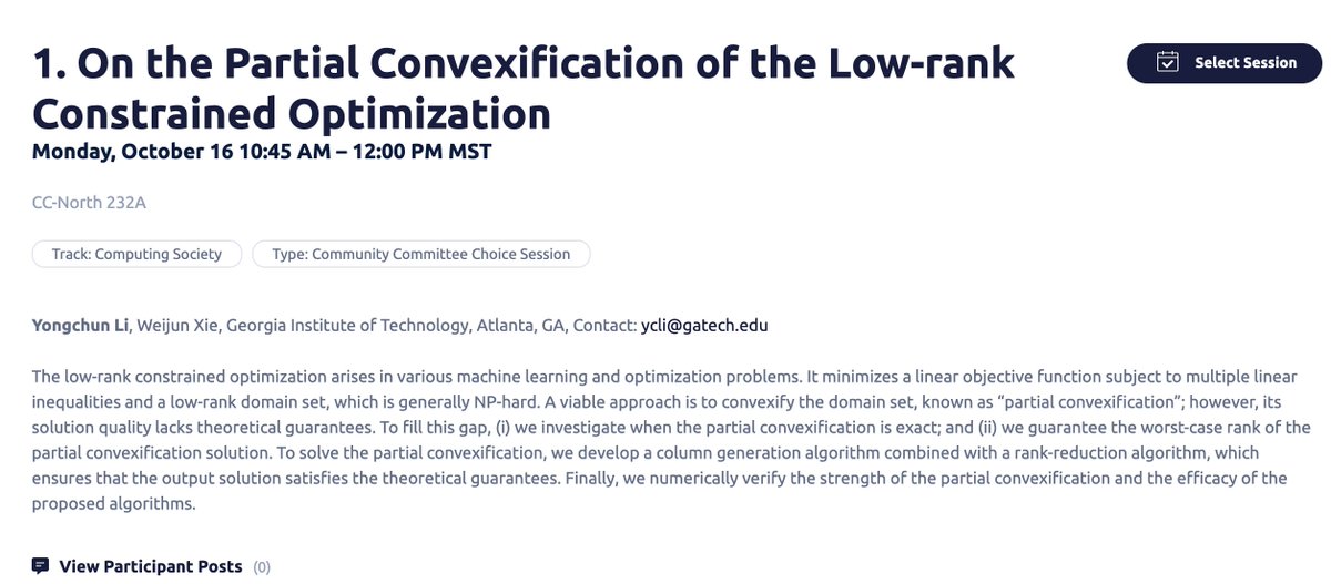 RyanCoryWright's tweet photo. Attending INFORMS 2023? 

Check out our session on "New Advances in Low-Rank Optimization" on Monday 10:45 AM – 12:00 PM in CC-North 232A https://t.co/Z6hNLlEtUv