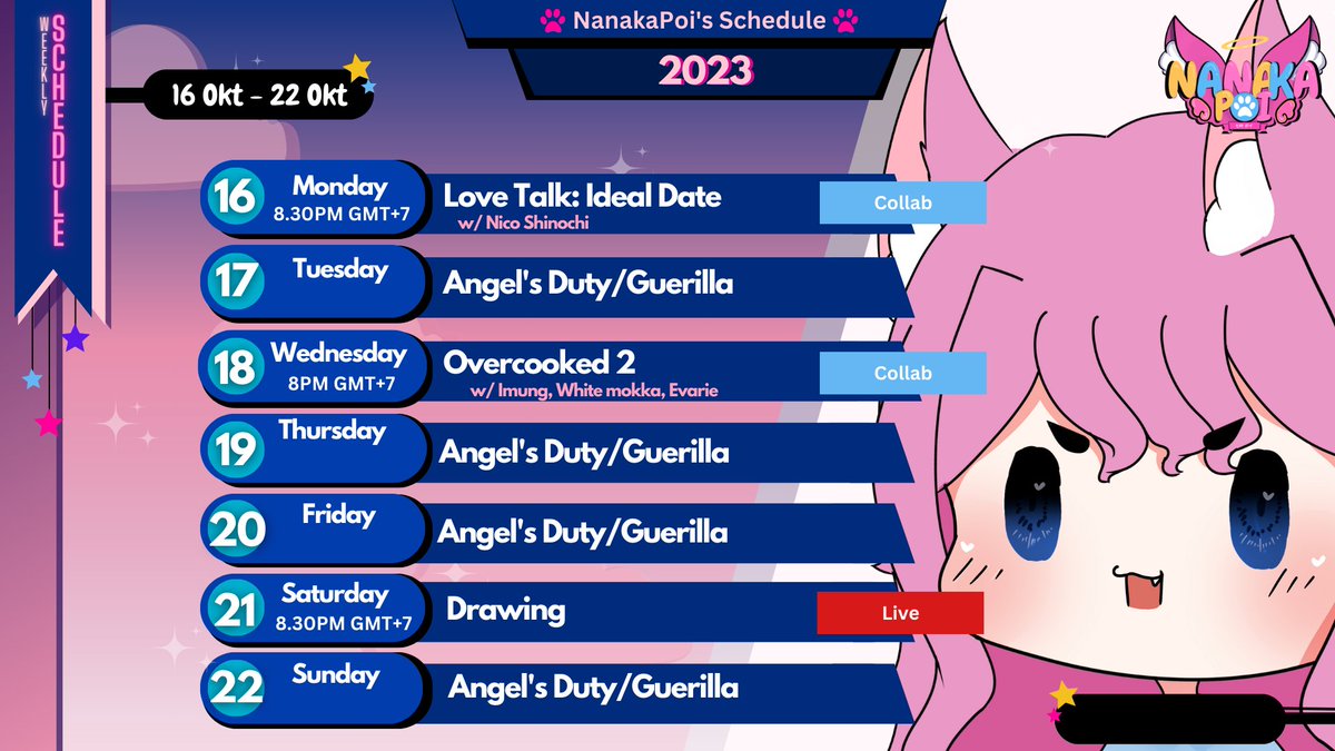 NanakaPoii's tweet photo. [Schedule]                
 
[Hastag]                        
#NanakaPoi [General]                        
#7LivePoi [Live]                        
#Nalerries [Art]                        
#Nalawak [Meme]                        
#Naklip [Clip] https://t.co/n0VtCmRcVZ