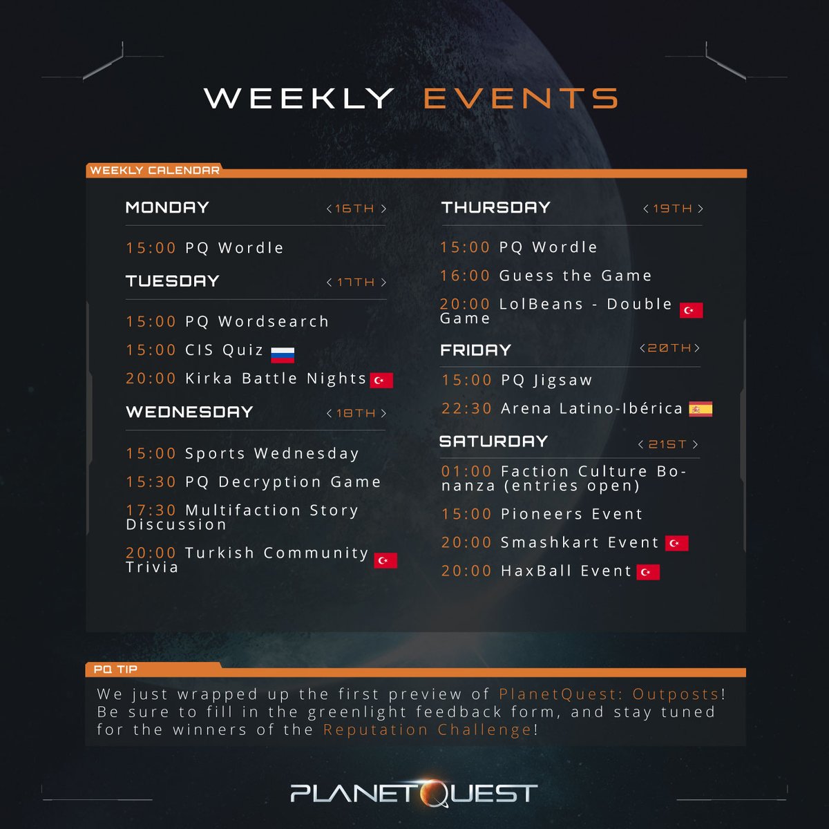 JoinPlanetQuest's tweet image. Weekly Community #PQEvents Overview! ✨

All times are CET ⏰ and don’t forget to fill in our greenlight feedback form for #PQOutposts here:  forms.gle/t61DEFs92P9SoL… 🚀