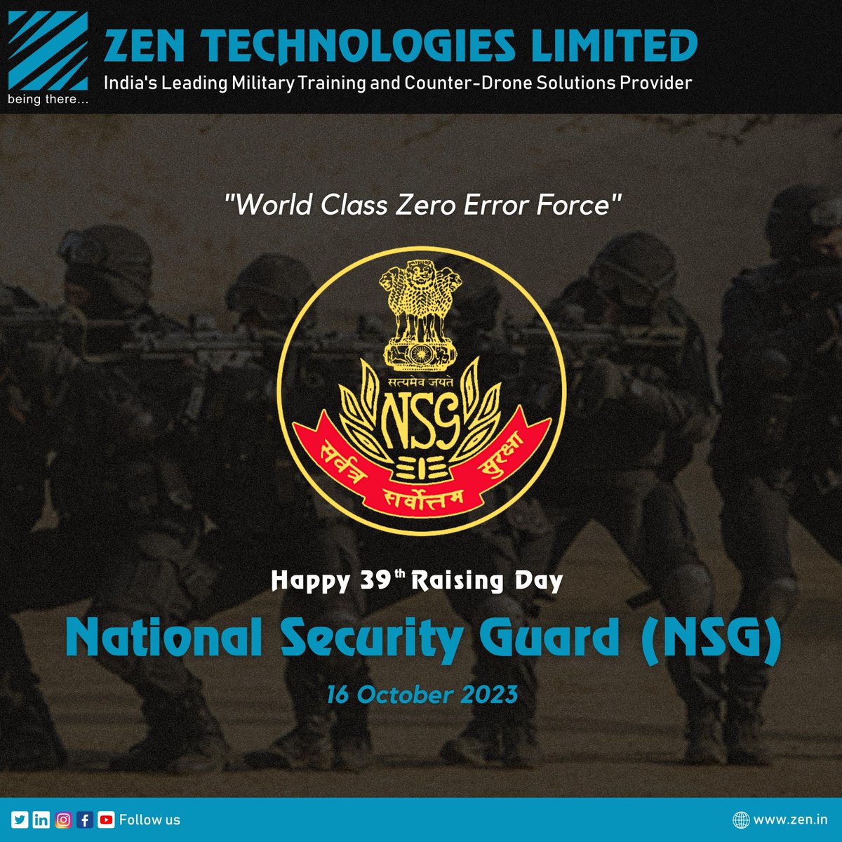 ZenTechnologies's tweet photo. @ZenTechnologies extends heartfelt wishes to the National Security Guards (NSG) on their #39thRaisingDay! @nsgblackcats Your unwavering dedication and commitment to safeguarding our nation is truly commendable. 🇮🇳🎉#BeingThere #NSG #NSGRaisingDay #NationalSecurityGuards https://t.co/O2MQe76sfB
