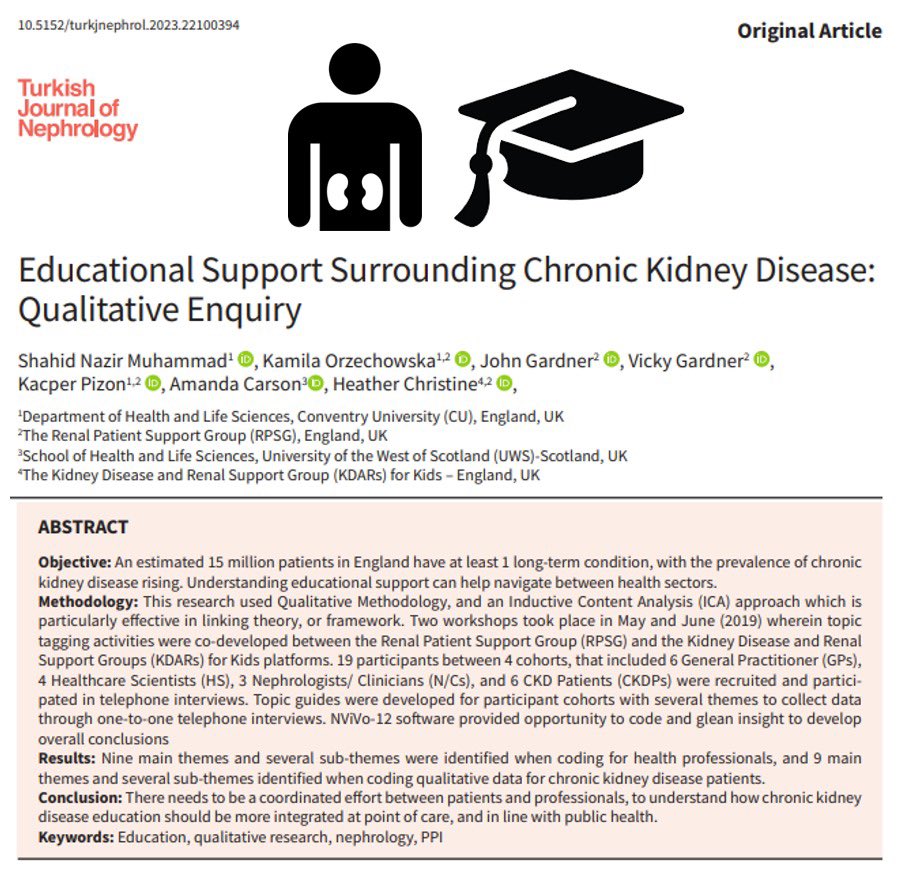 turkjnephrol's tweet photo. There needs to be a coordinated effort between patients and professionals, to understand how chronic kidney disease education should be more integrated at point of care, and in line with public health. https://t.co/XaXPmzDrf3
