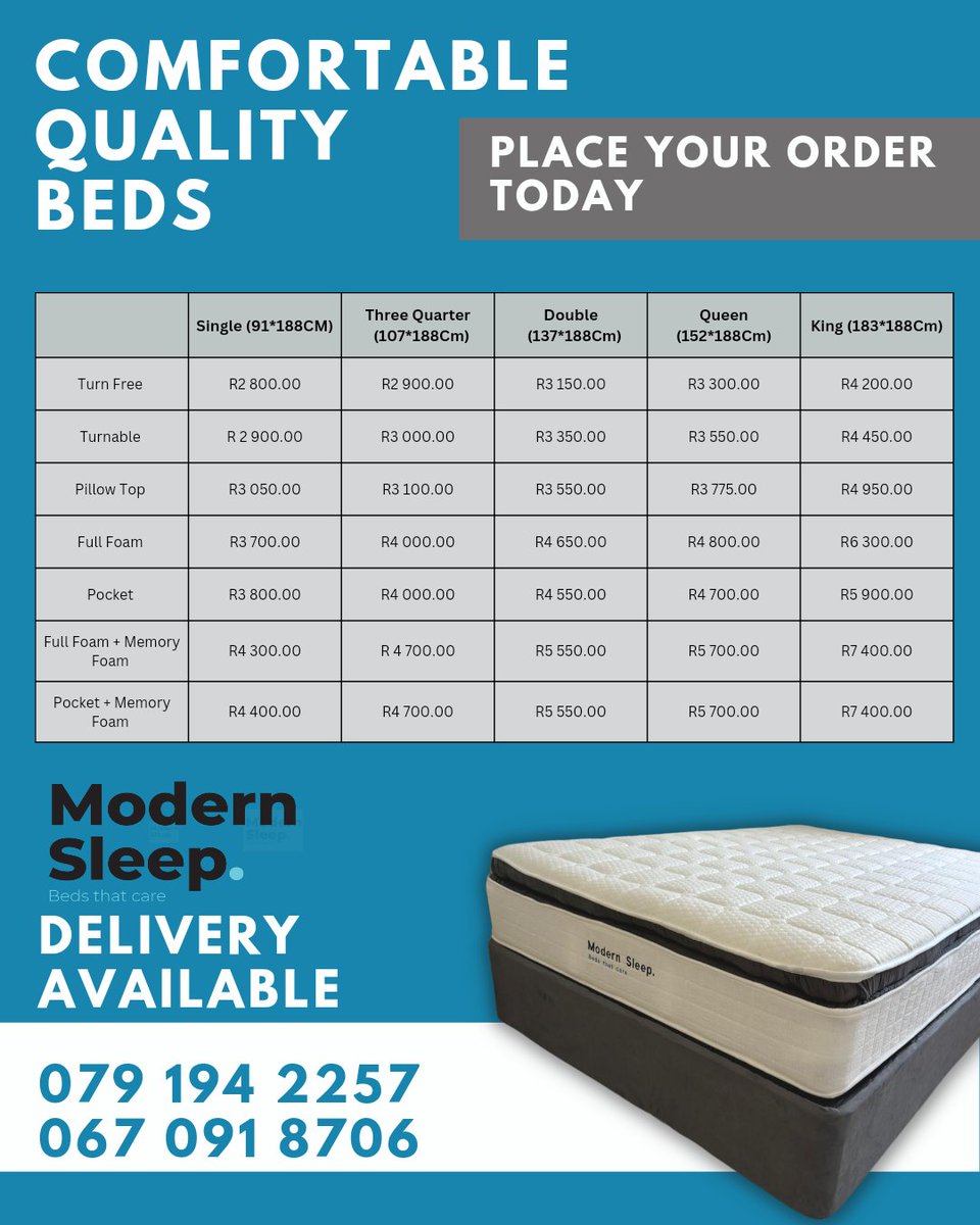 modernsleepsa's tweet photo. Sleep like royalty on our luxurious Pillow Top Bed by Modern Sleep😊 Experience the ultimate in comfort and style. Upgrade your sleep today
Order your next bed with us and enjoy the comfort
Pricing on the 2nd frame
Place your order on 079 194 2257
#ModernSleep #SleepInStyle https://t.co/WumWqeQA86
