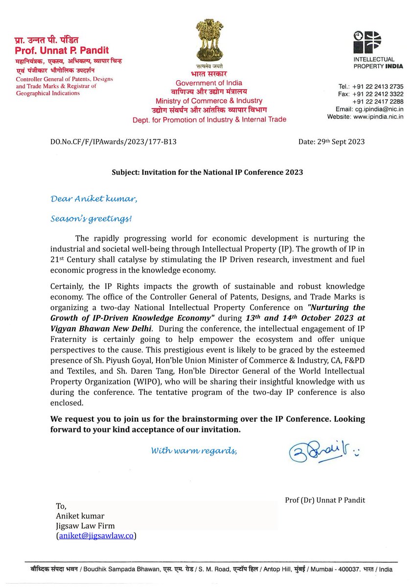 LawJigsaw's tweet photo. Our Partners @AdvSidAcharya and @kumaraniket recently attended the National Intellectual Property Conference 2023 held on 13-14 October at Vigyan Bhawan, New Delhi. #JigsawLaw https://t.co/lkXtD5g11c