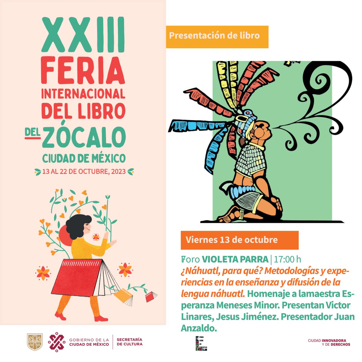 FILZocalo's tweet photo. No te pierdas la presentación del libro "¿Náhuatl, para qué? Metodologías y experiencias en la enseñanza y difusión de la lengua náhuatl", este lunes 16 de octubre a las 17 horas. La cita es en el #ForoVioletaParra. 

#EntradaLibre 

Transmisión en vivo: https://t.co/AyNdyYaD0f https://t.co/b8YRWlpBAi