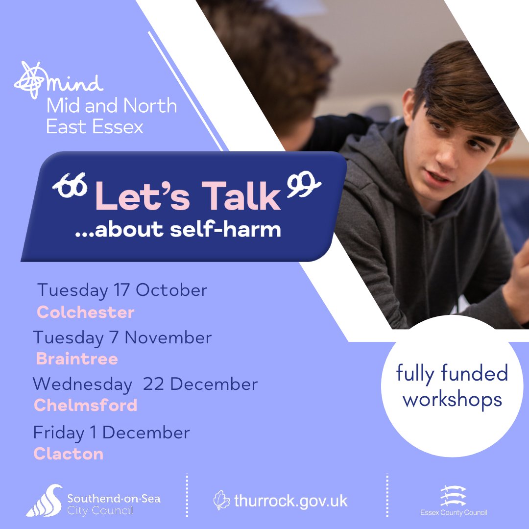 📣Let's Talk about Self harm; Fully funded workshops for educators and pastoral staff in Southend, Essex and Thurrock. To find out more or to book your free place, visit our website mnessexmind.org/letstalkabouts…. #LetsTalkaboutSelfharm #FreeWorkshop #Southend #Thurrock #Essex