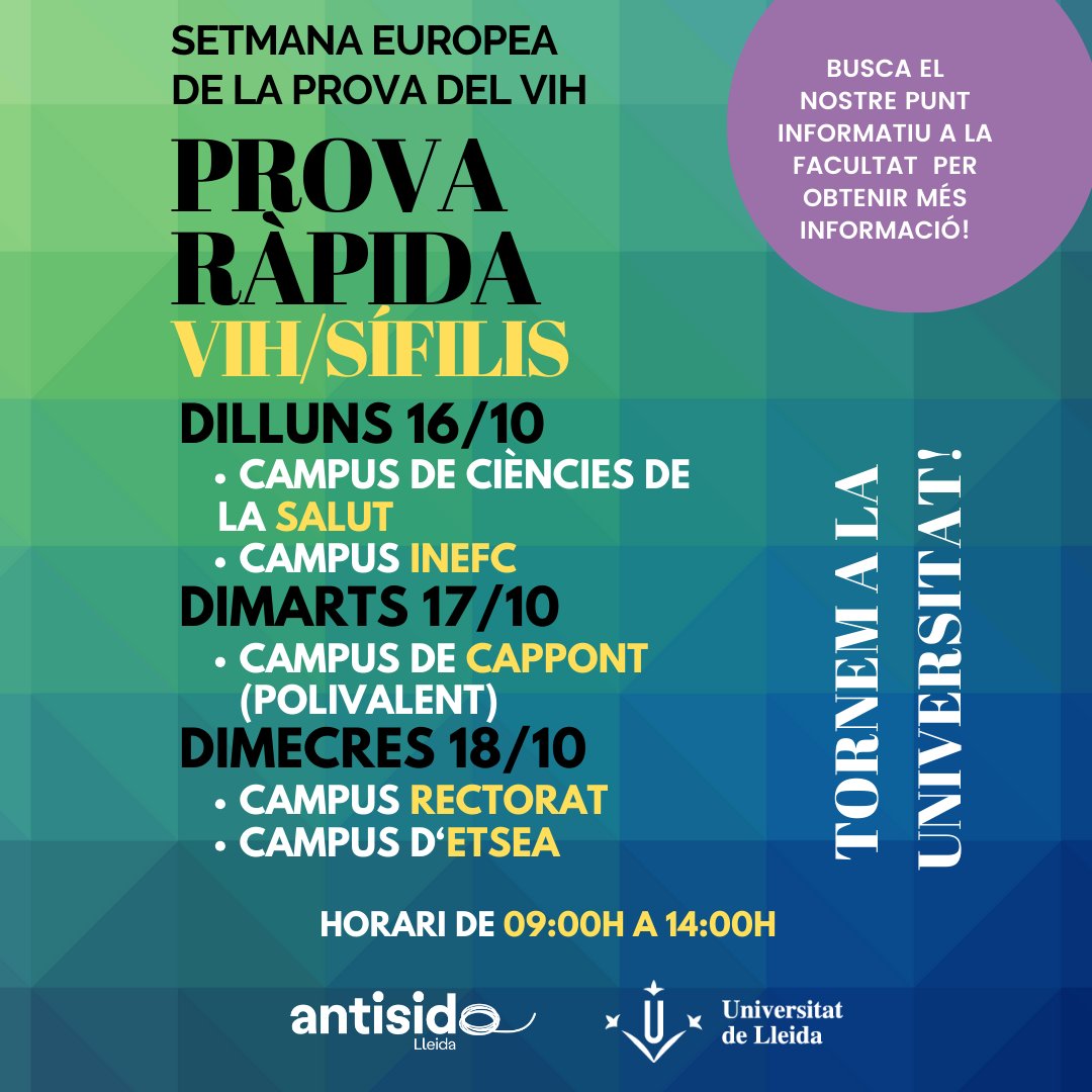 antisidalleida's tweet photo. 🔙 Torna la la Setmana Europea de la Prova
Busca el nostre estand informatiu per resoldre dubtes!
#AntisidaLleida #SetmanaProva #provaVIH #VIH #sida https://t.co/4we90rVdX3