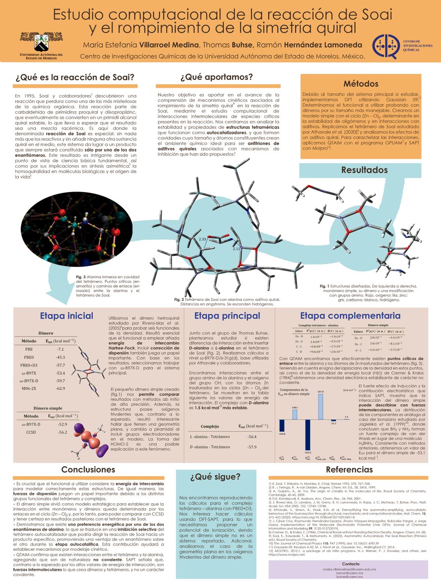 ¡Hola,<a href="/LatinXChem/">LatinXChem</a>! Soy María Estefanía Villarroel Medina #Comp059. Comparto mi trabajo de licenciatura en <a href="/CIQUAEM/">CIQ UAEM</a>, "Estudio computacional de la reacción de Soai y el rompimiento de la simetría quiral" en #LatinXChem23 para #LatinXChemComp. 
<a href="/digital_rsc/">Digital Discovery</a> <a href="/PCCP/">PCCP</a> <a href="/ChemRxiv/">ChemRxiv</a> <a href="/LufacIDT/">Lufac Computación</a>