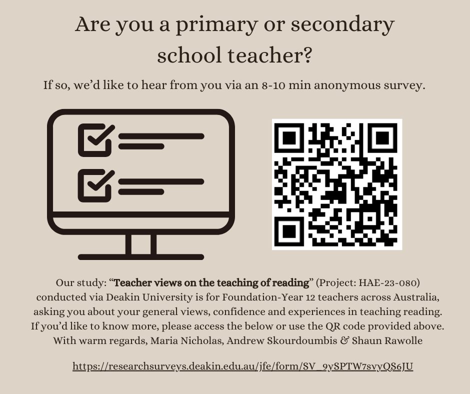 ellowars's tweet image. If you are a primary or Secondary teacher, we'd like to hear your thoughts about the teaching of reading. Follow this link: researchsurveys.deakin.edu.au/jfe/form/SV_9y…