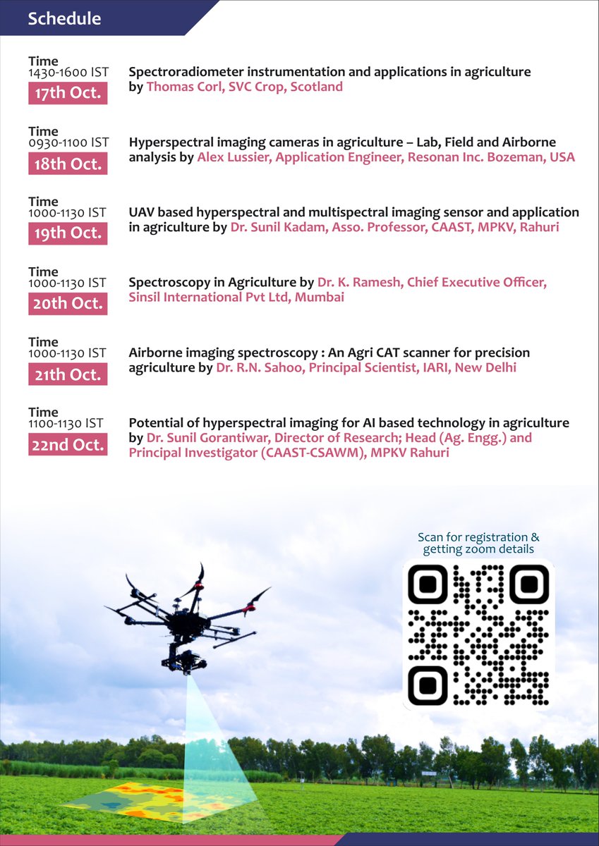 CCsawm's tweet photo. ๐ฟ Join the Expert Lecture Series on Hyperspectral Imaging and Spectroscopy Applications in Agriculture!
๐๏ธ Oct 17-22, 2023 ๐ฅ๏ธ Online Mode
๐ฐ No Registration Fees!
๐ Register Here: https://t.co/qeWrBLi3Gv
#CAAST-CSAWM, MPKV, Rahuri @anuagrawal_icar @rakesh_chandra @WorldBank https://t.co/5jv9FiZW8R