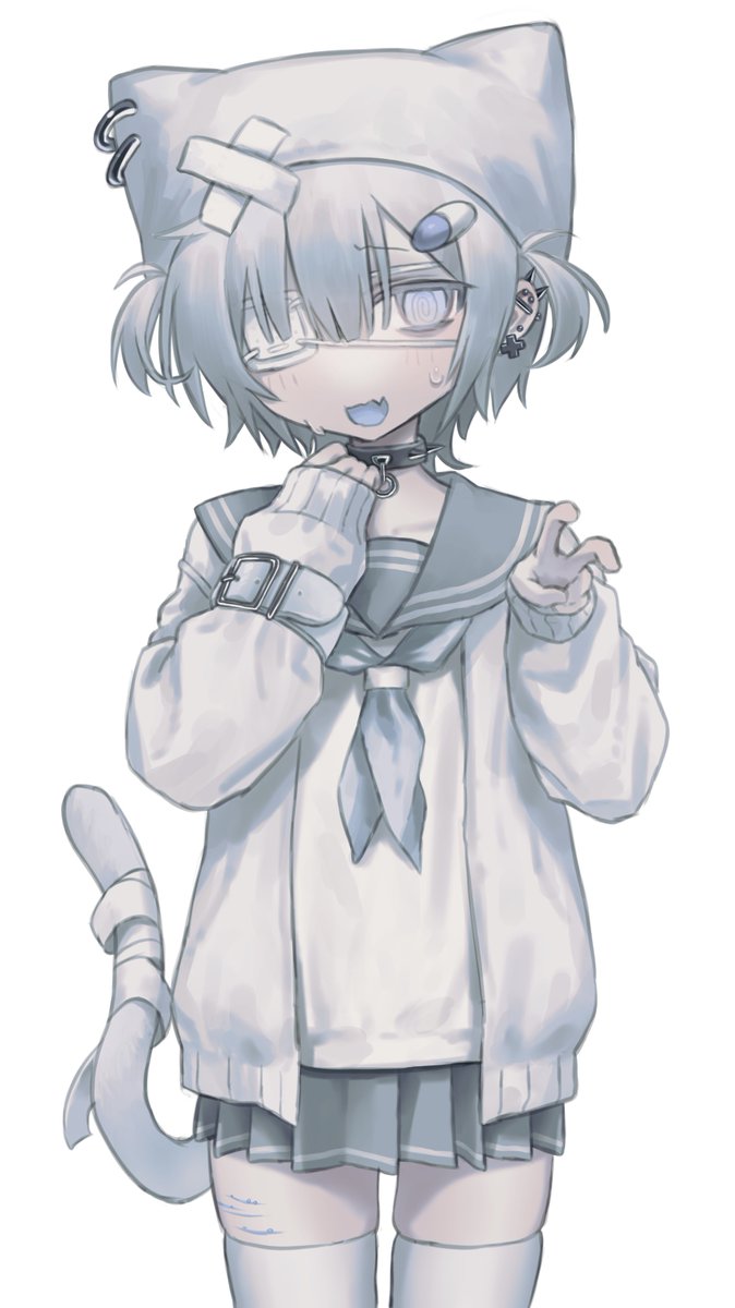 tail 1girl solo skirt school uniform thighhighs cat tail  illustration images