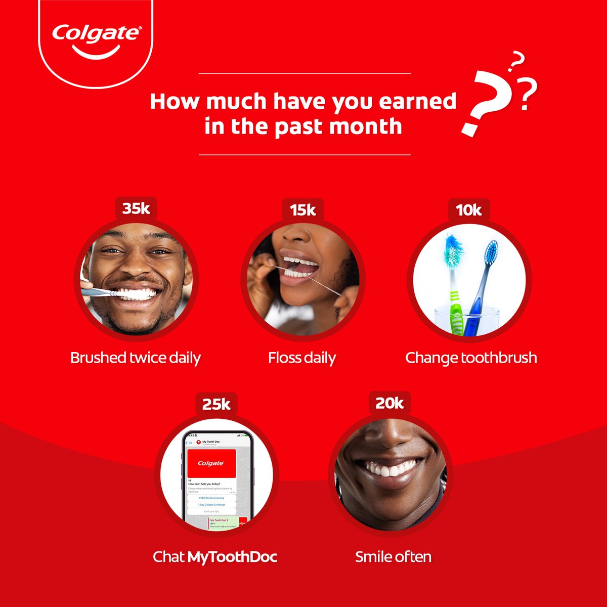 colgate_ng's tweet image. If you were to sum up your oral hygiene habits in monetary terms in the past month how much would you have earned?

#Colgate #FreedomToSmile