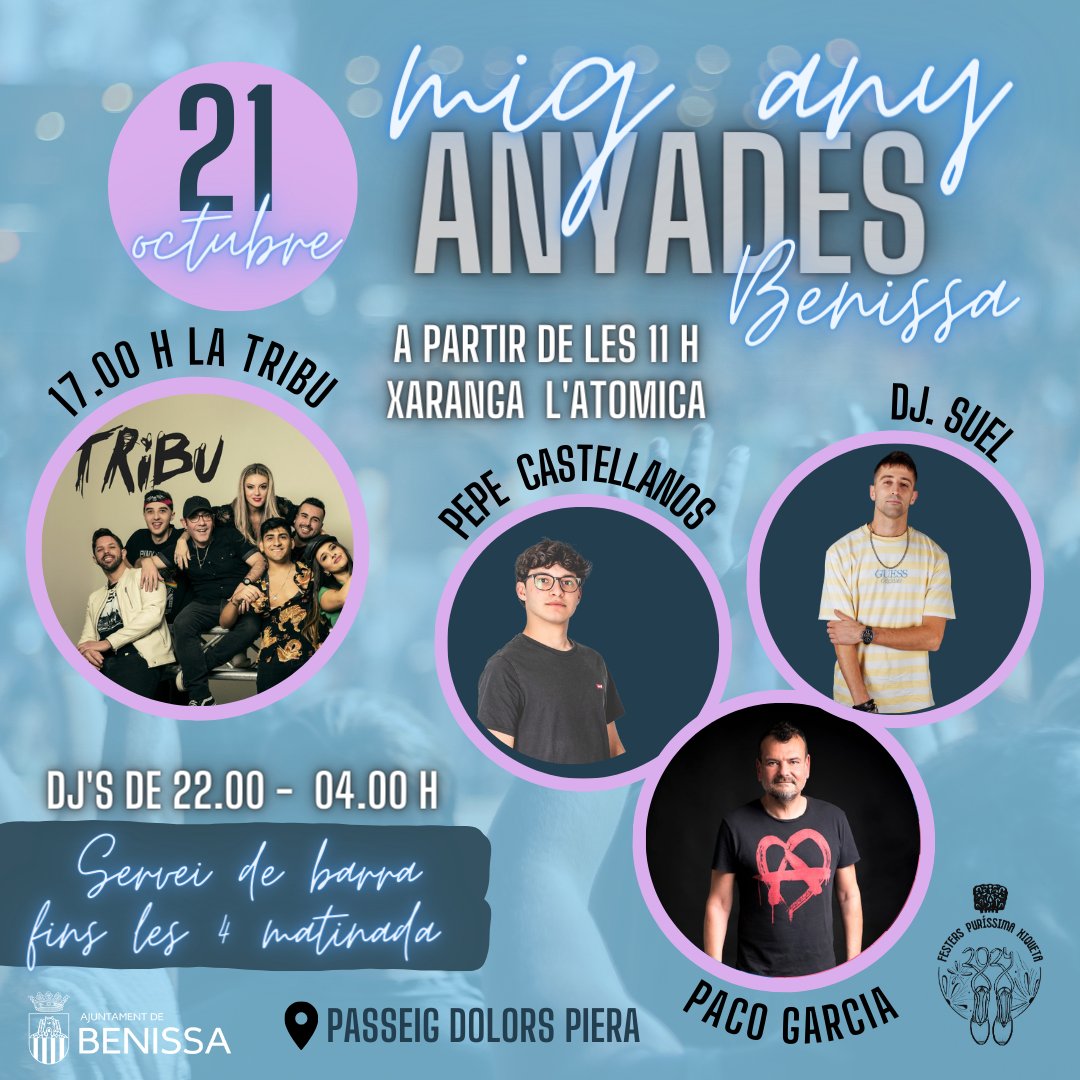 festerspx24's tweet photo. JA TENIM MASSA GANES DE MIG ANY !🥳
Este dissabte gaudeix de la xaranga l'Atòmica  a partir de les 11:00. Després no pararem de ballar 💃🏼 amb l'orquestra la Tribu a partir de les 17:00h i per a acabar la nit gaudeix dels nostres dj's Pepe Castellanos, Suel i Paco Garcia 
#FPX24 https://t.co/NDHCyP8cHJ