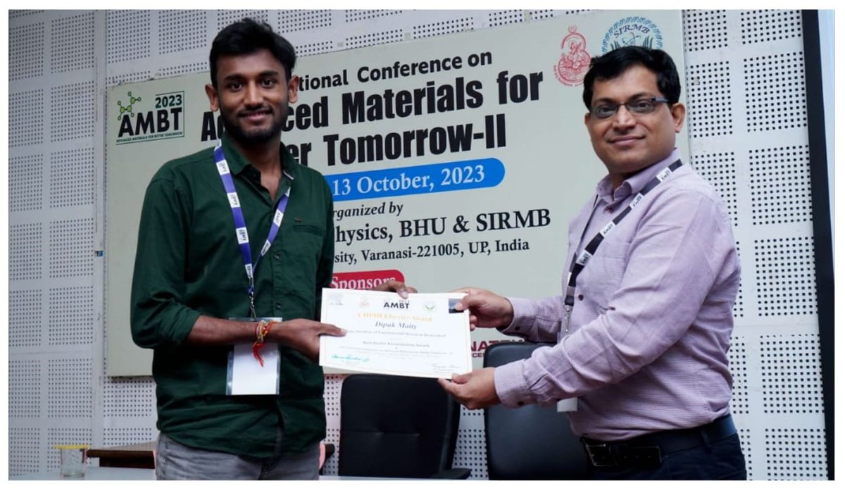 TIFR Hyderabad (@tifrh_buzz) on Twitter photo Congratulations to Dipak Maity (graduate student <a href="/TnnLab/">Materials & Interface Engineering @ TNN's Lab</a>) on receiving the Best Poster Presentation Award (CHPHI Elsevier Award) at the International Conference on Advanced Materials for Better Tomorrow-II, <a href="/bhupro/">BHU Official</a>. Congratulations to Dipak Maity (graduate student <a href="/TnnLab/">Materials & Interface Engineering @ TNN's Lab</a>) on receiving the Best Poster Presentation Award (CHPHI Elsevier Award) at the International Conference on Advanced Materials for Better Tomorrow-II, <a href="/bhupro/">BHU Official</a>.
