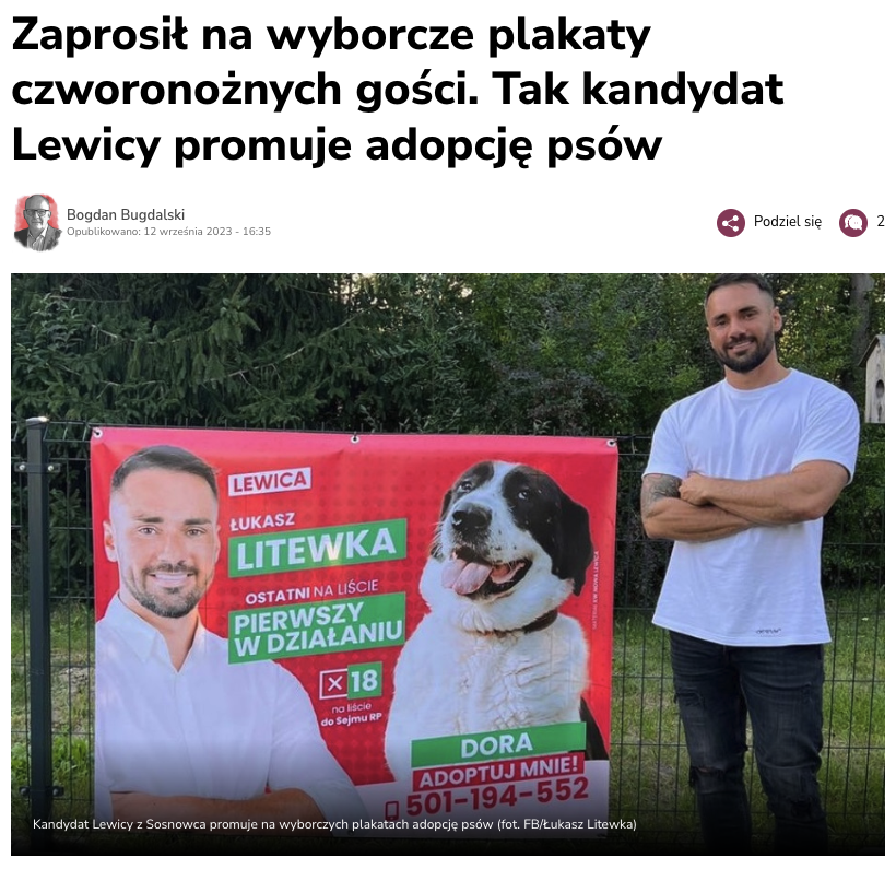 WojtekKardys's tweet photo. Co do #wybory2023 to jestem bardzo ciekaw kandydatury Łukasza Litewki z @__Lewica. 

Uważam ten chwyt (z pieskami) był jednym z lepszych PRowo w tej kampanii i dam sobie rękę uciąć, że uzyska rewelacyjny wynik. https://t.co/UBkOYwHMOp