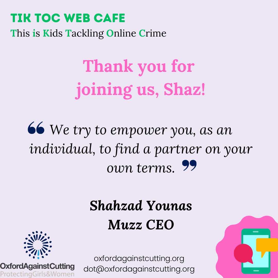 Thank you to Shahzad Younas, from @muzz for talking to us about how #matchmaking platforms are doing their best to keep their users safe.

Join us this Friday for the final instalment about 'Using #socialmedia to foster good mental health'

@Oxfordshireyouth

JoinTheConversation