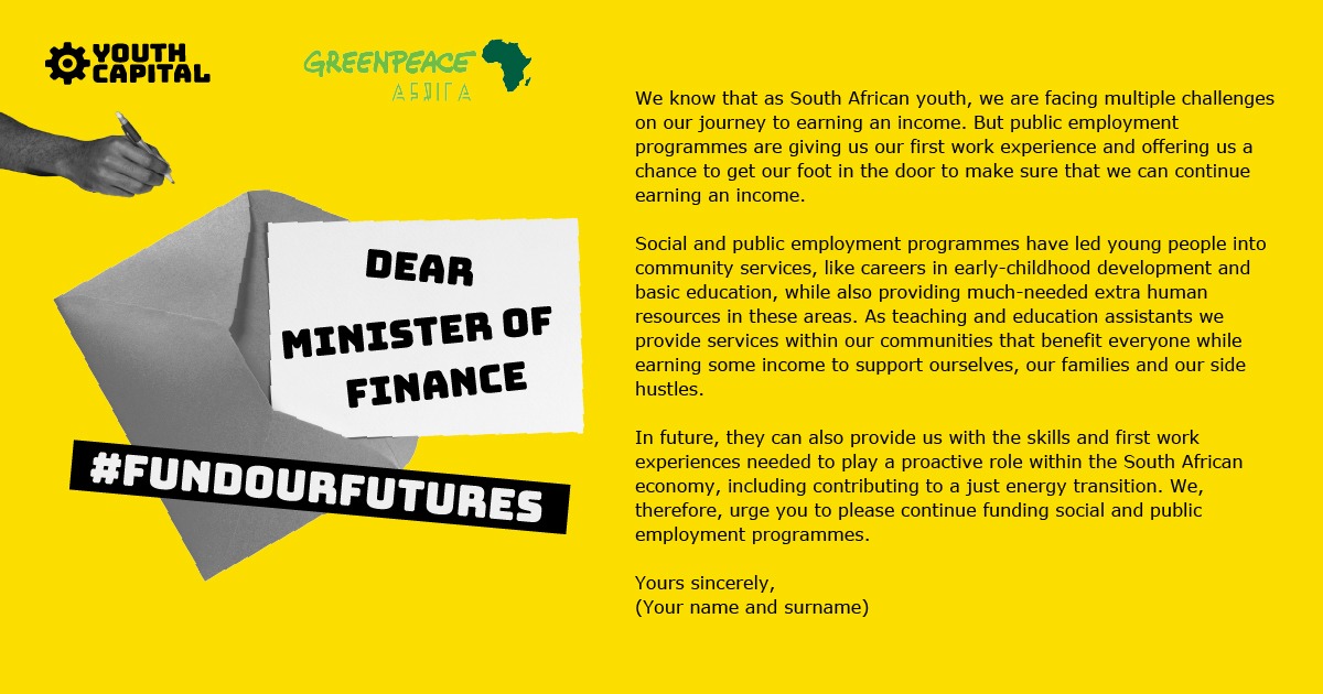 [PETITION] Youth unemployment is a systemic crisis. Together with @YouthCapitalSA, we’re calling for an extension of the Presidential Employment Stimulus, which is providing work experience for young people. Sign the petition today: fundourfutures.mobi/sign