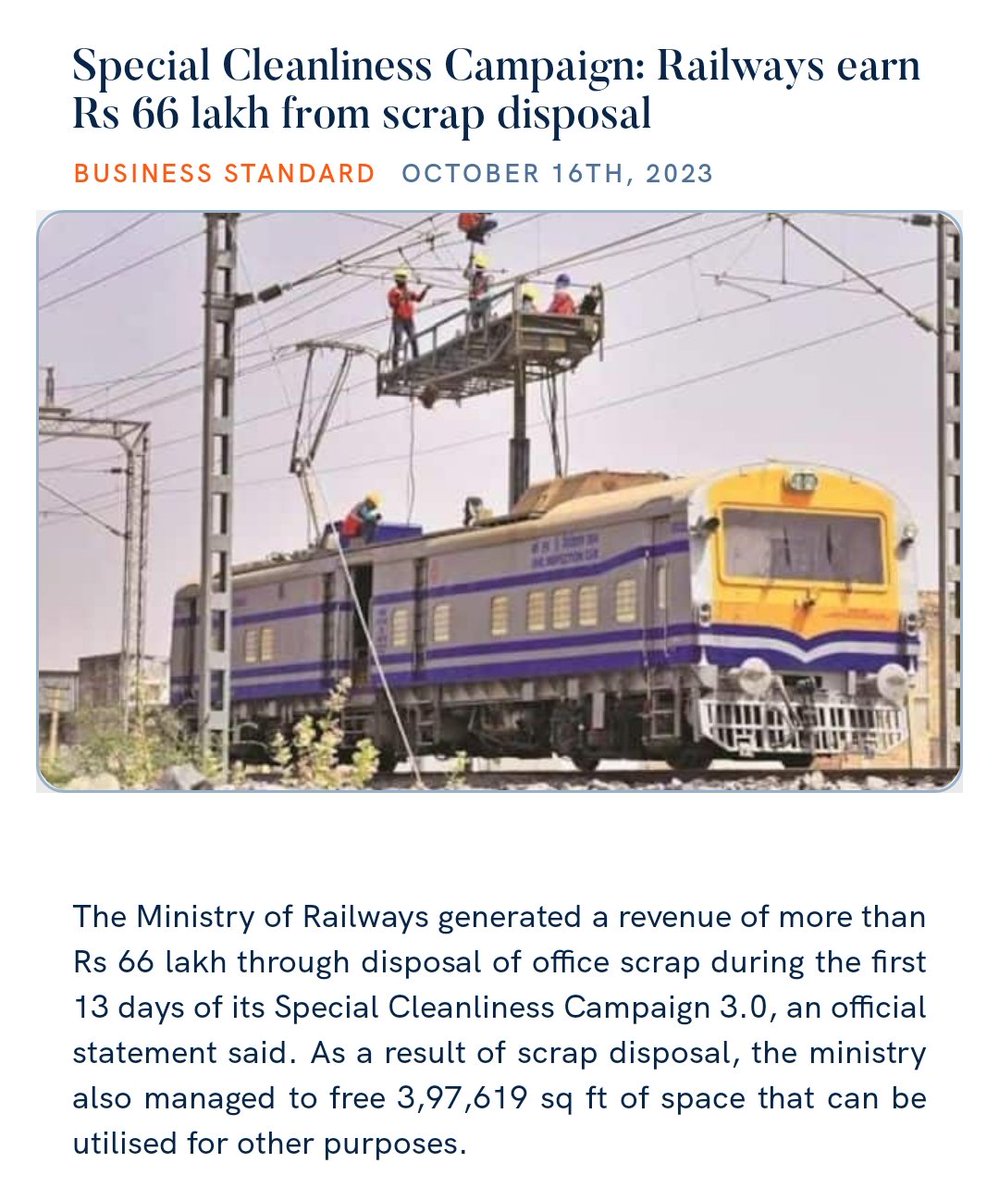 PMOIndia's tweet photo. Special Cleanliness Campaign: Railways earn Rs 66 lakh from scrap disposal
https://t.co/eLBdbvCmVP 

via NaMo App https://t.co/2W31DL0gfp
