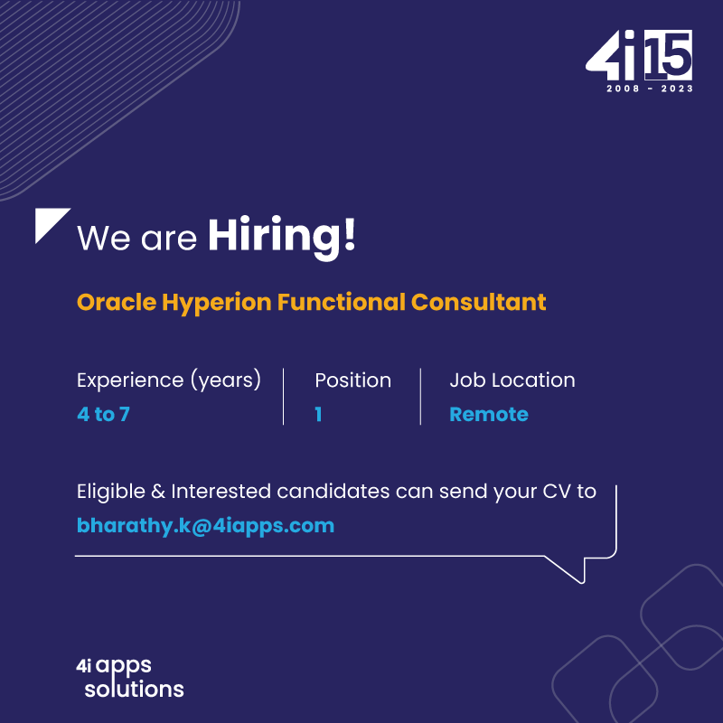 We are now #hiring for #Oracle #Hyperion Functional Consultants.

Job Specifications:

- Good experience in EPBCS with ARCS exposure.
- On premise Hyperion experience is a value added.

Interested candidates can send your CV to: bharathy.k@4iapps.com

#4iapps #ITJobs