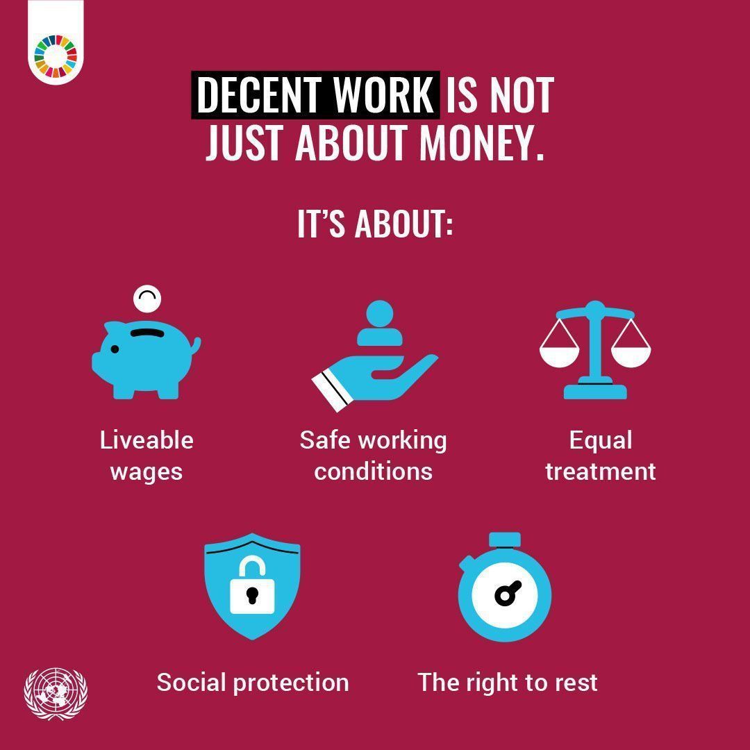 UNGeneva's tweet photo. Often, having a job doesn't guarantee a person a life of dignity free from poverty. #DecentWork involves opportunities for all, a fair income, workplace security, social protection, equality &amp; inclusion. @ILO works to make decent work for all a reality: https://t.co/I7TzfQLIOI https://t.co/o5vOepfgrD