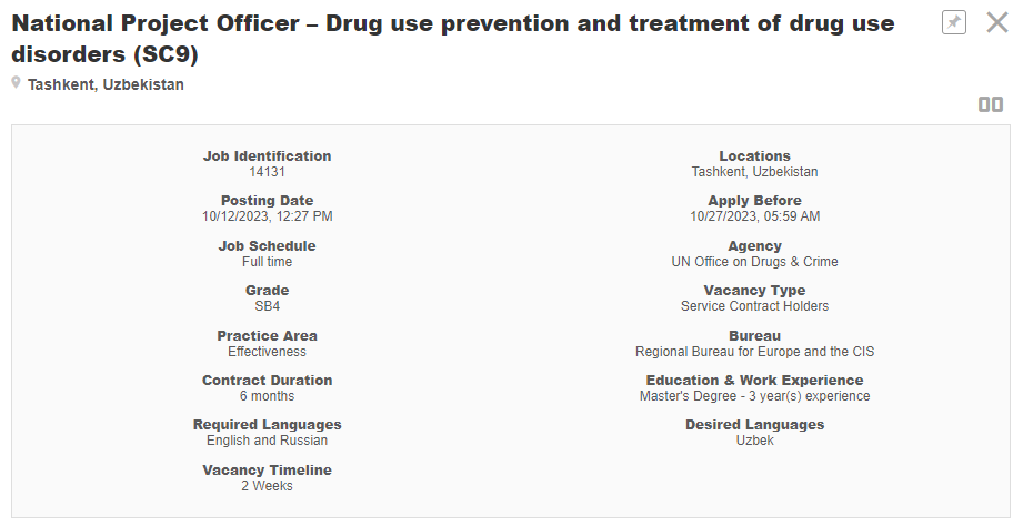 #JobsOfTheWeek @UNODC Position as National Project Officer on #drug use #prevention & #treatment of drug use disorders #DUD in #Tashkent, #Uzbekistan ⏰ Apply before 27 October 2023 🔗 bit.ly/48NYxEx