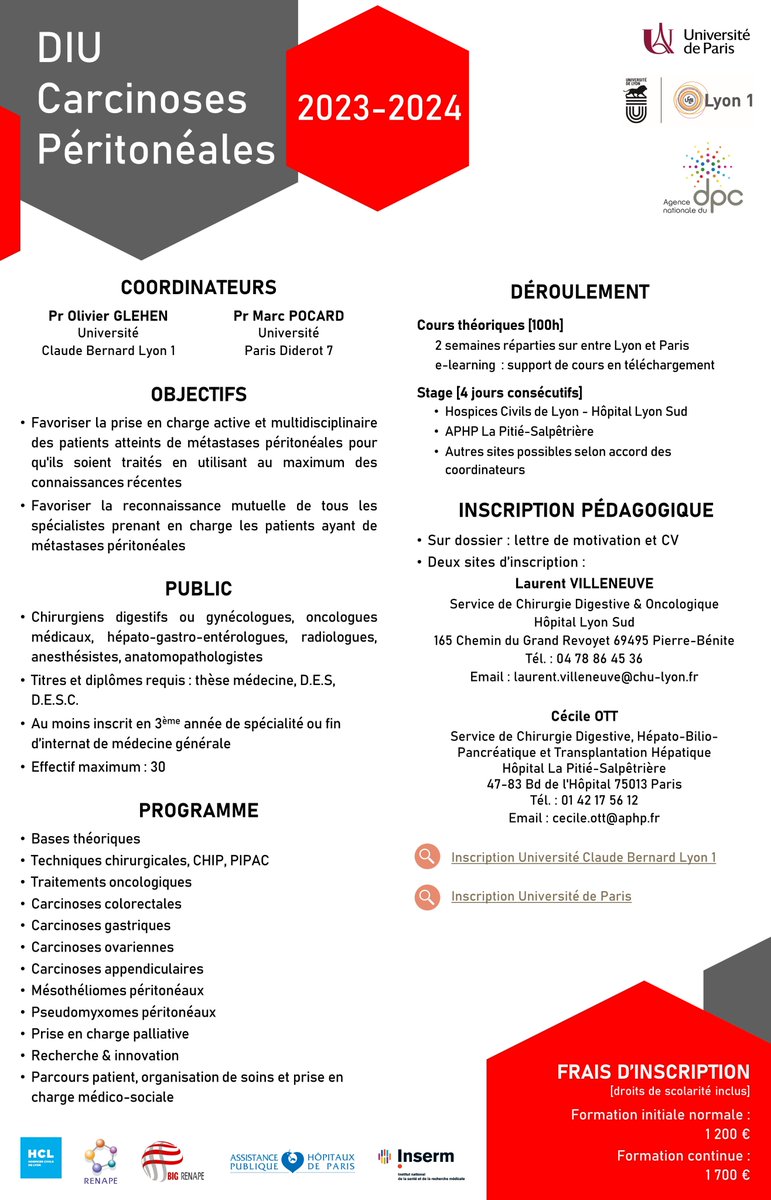 DIU CARCINOSES PERITONEALES @glehenolivier Marc Pocard. Inscriptions 2023-2024 OUVERTES. Pour vous inscrire : - @UniversiteLyon : is.gd/oBTrvg Ou - @univ_paris_cite : is.gd/j66qb1 @ffcd_cancerdig @info_sfcd_achbt @FRENCH_Surgery