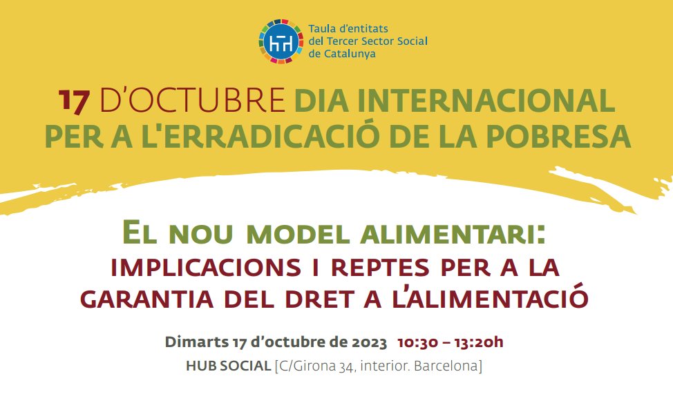 BancAlimentsBcn's tweet photo. Demà participarem a la jornada "El nou model alimentari: implicacions i reptes per a la garantia del Dret a l'Alimentació", que organitza la Taula d'entitats del Tercer Sector Social de Catalunya @taula3sector .

El president del Banc dels Aliments, Lluís Fatjó-Vilas, participarà a la taula rodona "La mirada de les entitats del tercer sector social", junt amb representants de @CaritasCataluny , @CreuRojaCAT i la @FEDAIA

#DiaInternacionalPobres
