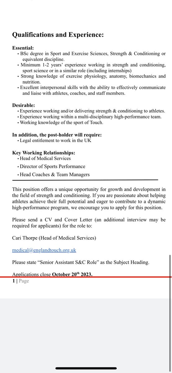 isaac_hopkins's tweet photo. WE ARE HIRING @EnglandTouch 

We are looking for two assistant S&amp;C coaches (Senior &amp; Junior) to come join the team! 

Happy to answer any questions regarding positions. 

CLOSING DATE: October 20th 2023. 

🏉🏴󠁧󠁢󠁥󠁮󠁧󠁿 https://t.co/FC1GURZzyx