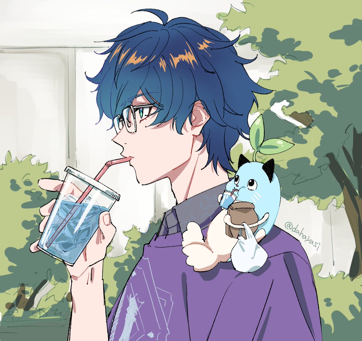 1boy glasses male focus drinking straw drinking holding blue hair  illustration images