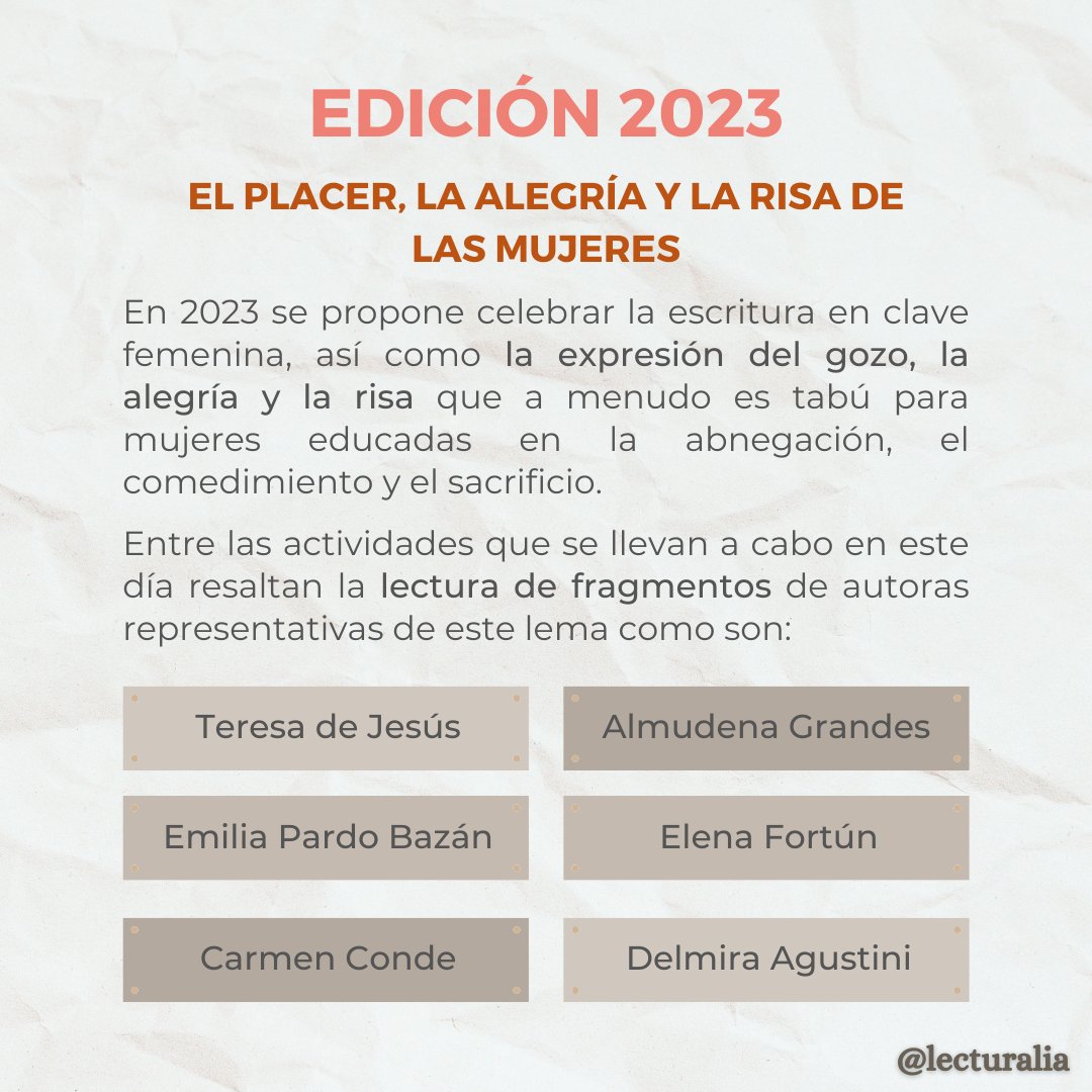 Lecturalia's tweet photo. Hoy es el #DíaDeLasEscritoras, un día que reivindica la voz de todas las mujeres que han escrito a lo largo de la historia ✍️

«El placer, la alegría y la risa de las mujeres» es el lema de la edición de 2023, pues pone en valor la expresión del gozo que tanto se les ha negado 📝 https://t.co/l7SQ84peay