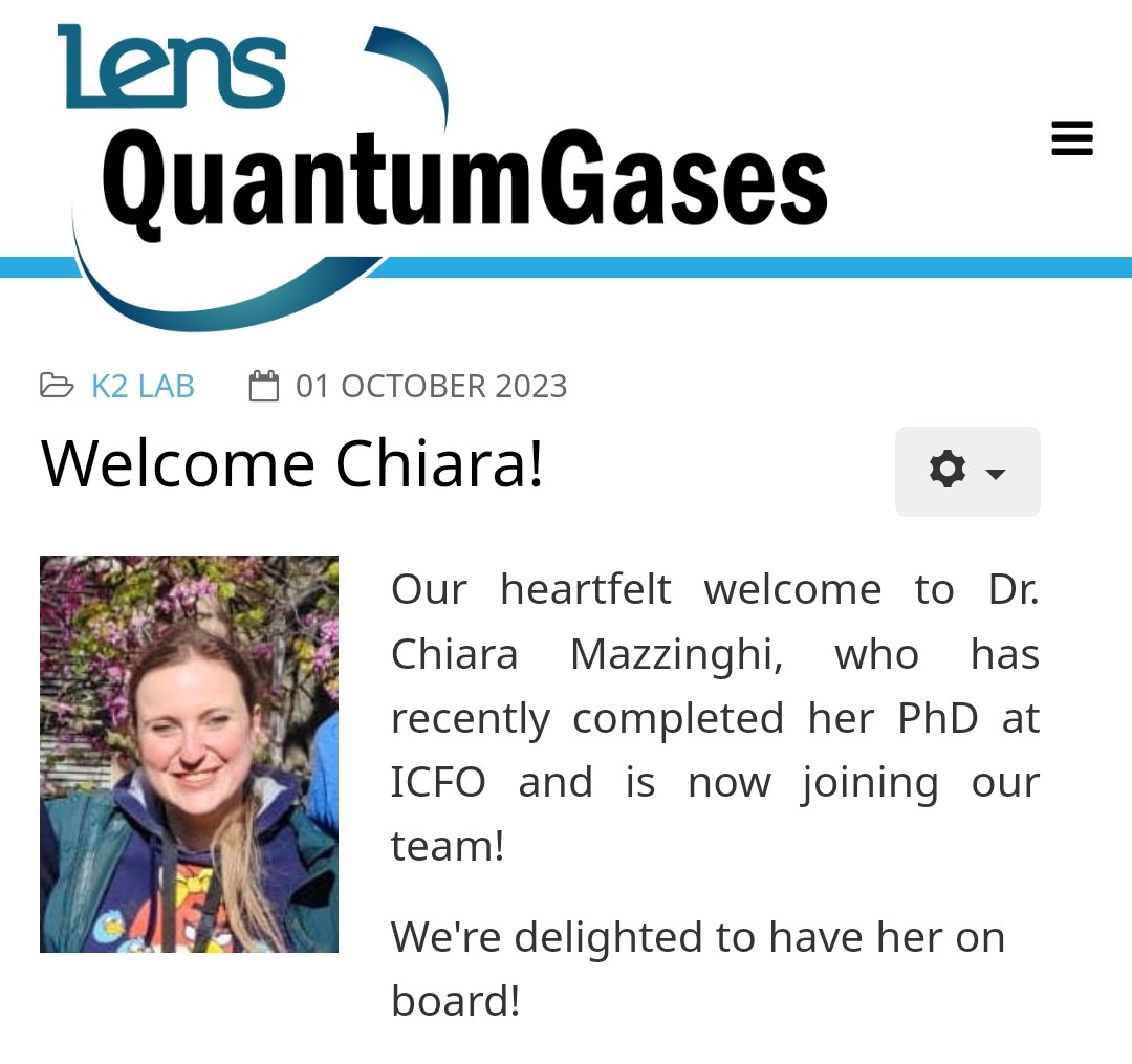 We are happy to welcome Dr. Chiara Mazzinghi from <a href="/ICFOnians/">ICFO</a>, who has joined the #K2 and #μRb teams!!
Learn more:
 #K2 lab 👇 quantumgases.lens.unifi.it/exp/k2
 #μRb lab 👇
quantumgases.lens.unifi.it/exp/microrb

#NewPeople