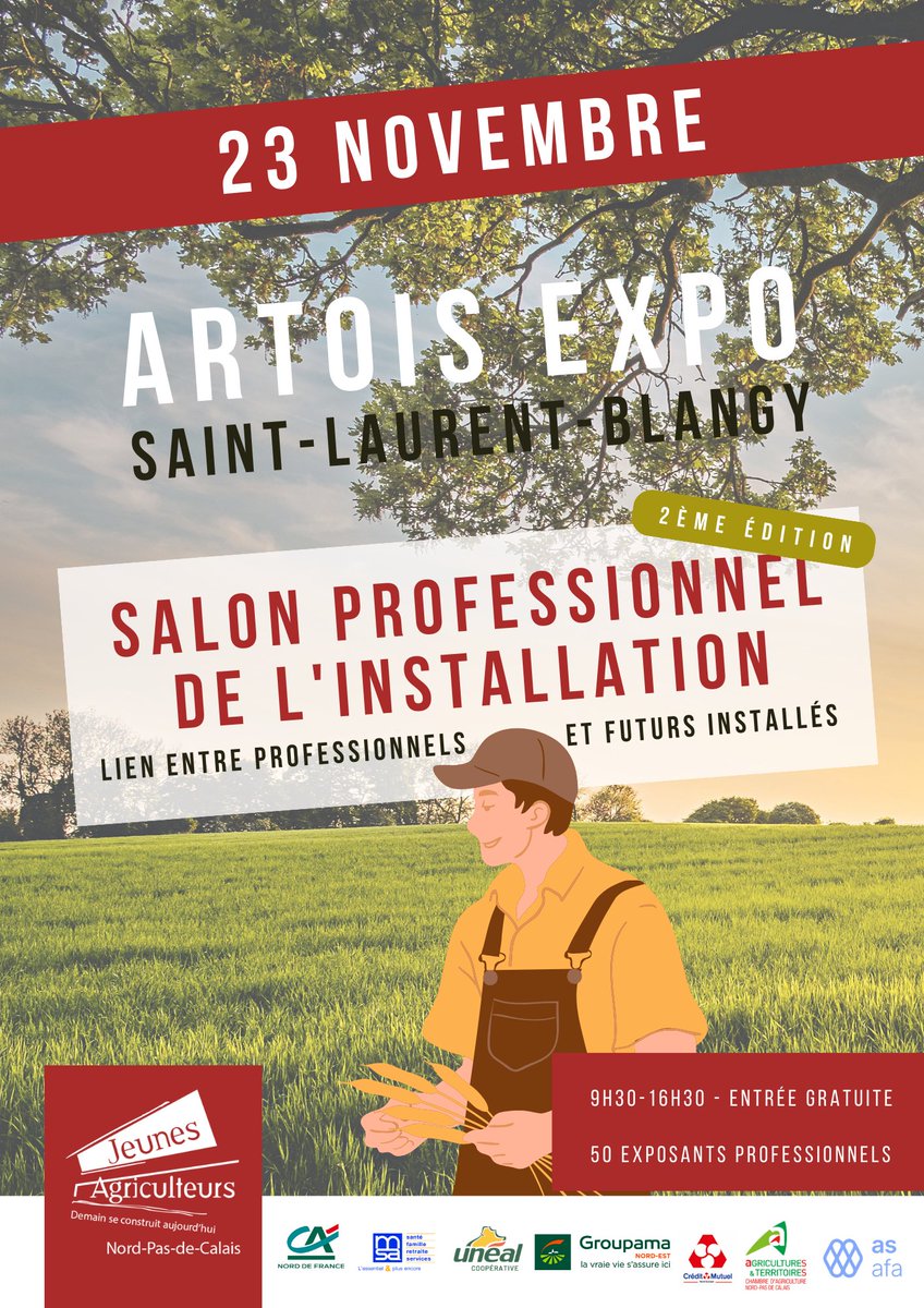 [Événement]
La deuxième édition du Salon de l'Installation c'est le 23 novembre à Artois Expo ! 
Le but ? Présenter tous les organismes qui entrent en jeu lors d'une installation aux futurs et jeunes installés. 
Plus d'infos : fb.me/e/4xhq0XxJ0
#installation #janpdc #ja