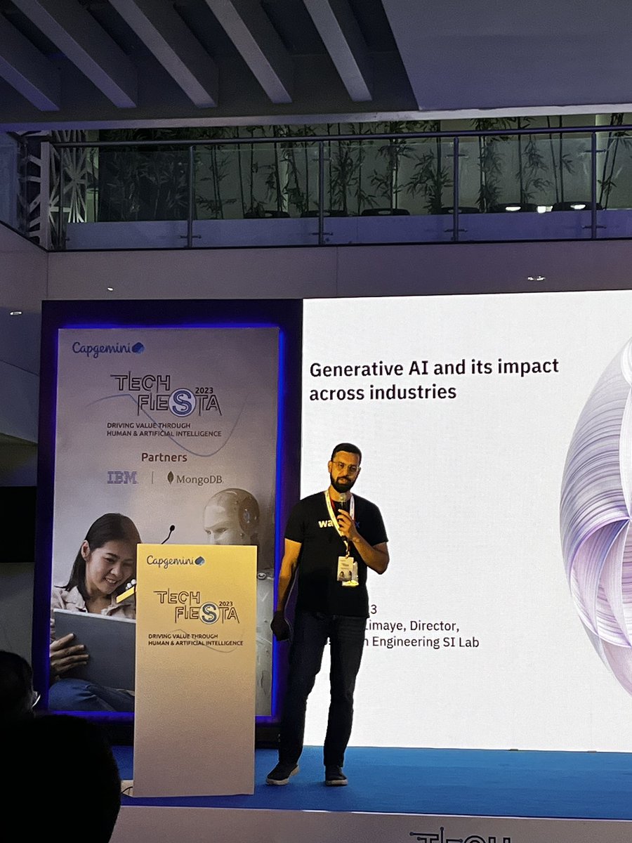 CapgeminiIndia's tweet photo. Differentiating #ConsumerAI from #EnterpriseAI, Soumitra Limaye, Director, IBM Ecosystem Engineering SI Lab, emphasizes the significance of unlocking value and fostering open innovation with the help of #GenerativeAI at #TechFiesta2023, Mumbai. #CapgeminiAcesInnovation https://t.co/2h4wDD4VbQ