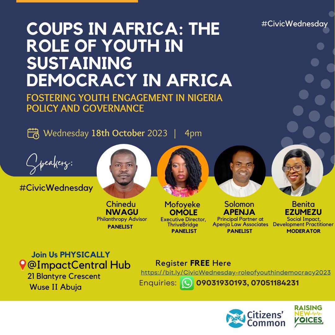 NewVoicesNG's tweet photo. Join us this Wednesday for #CivicWednesday where we will be exploring the impact of significant youth engagement, the challenges, and the opportunities. The conversation seeks to advance youth participation in Nigeria policy &amp; governance.

Register here

https://t.co/6mtB18jFoX https://t.co/BkQtIkZBdF