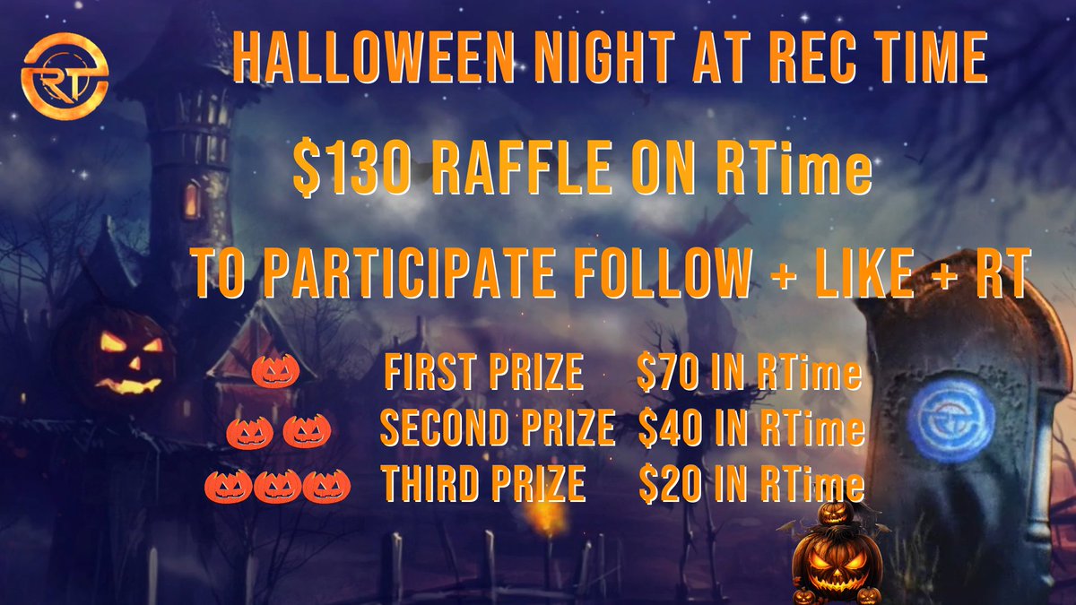 🎃👻Terrifying raffle #Rtime👻🎃

  🧛participate as follows and win 3 great prizes;🧛‍♀️

 1️⃣ Follow <a href="/RecTimeOficial/">Rec Time Official</a> ✅
 2️⃣ Like❤️&amp; RT🔁
 3️⃣ Mention two halloween loving friends 🤝

🎁the three prizes will be as follows🎁

🥇 💲70 in Rectime 
🥈 💲40 in Rectime
🥉 💲20 in Rectime